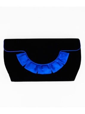 Vintage 80s Bright Blue Satin Ruffle Trim Black Velvet Velour Evening Bag Retro